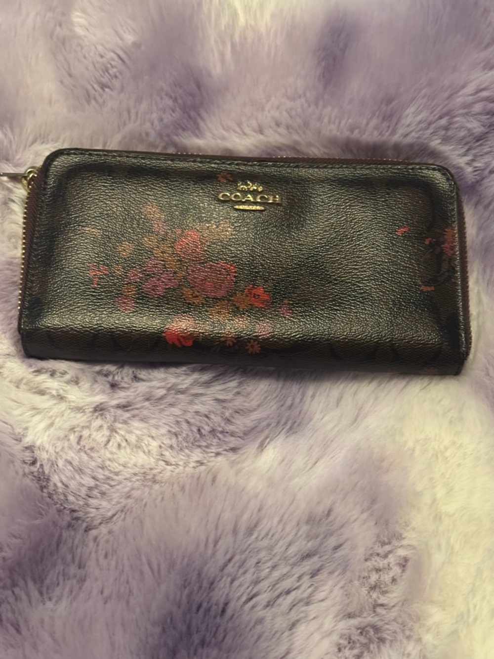 Coach Black Floral Zip-Around Wallet with Red Rose Accents